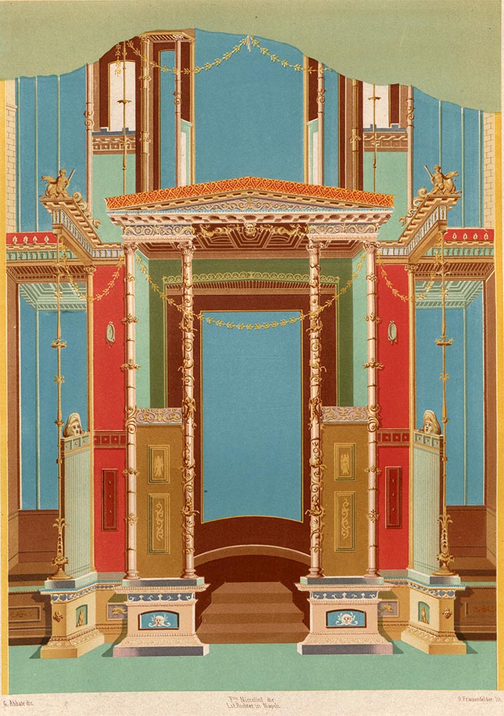 IX.3.5 Pompeii. Painting by Niccolini, showing painted decoration in atrium.
See Niccolini F, 1854. Le case ed i monumenti di Pompei: Volume Primo. Napoli, (Casa di Marco Lucrezio, Tav. VI.)