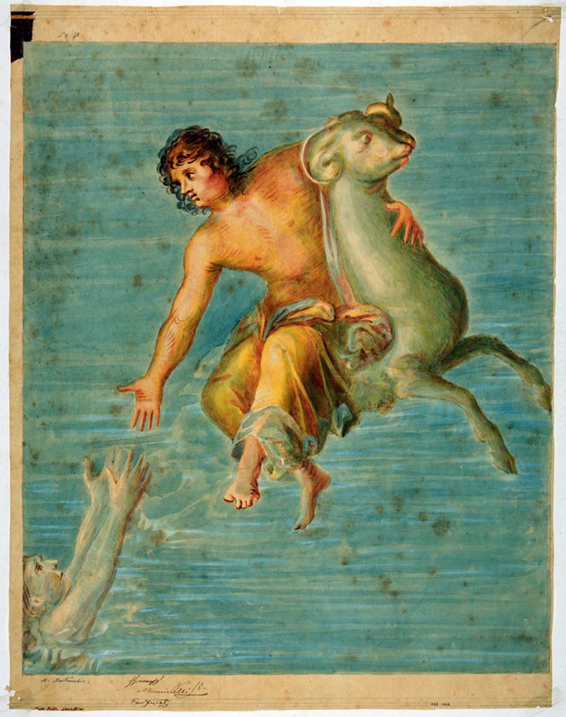 IX.3.5 Pompeii. Painting by Michele Mastracchio, of original painting of Phrixus and Helle seen on west wall of room 5.
Now in Naples Archaeological Museum. Inventory number ADS 1044.
Photo © ICCD. http://www.catalogo.beniculturali.it
Utilizzabili alle condizioni della licenza Attribuzione - Non commerciale - Condividi allo stesso modo 2.5 Italia (CC BY-NC-SA 2.5 IT)
The original painting was detached and taken to Naples Archaeological Museum.