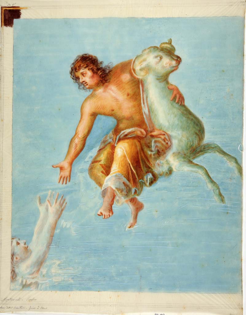 IX.3.5 Pompeii. Painting by Serafino Mastracchio, known as “Mastracchio minore”, of Phrixus and Helle.
He worked and painted at the same time as Michele Mastracchio.
Now in Naples Archaeological Museum. Inventory number ADS 1043.
Photo © ICCD. http://www.catalogo.beniculturali.it
Utilizzabili alle condizioni della licenza Attribuzione - Non commerciale - Condividi allo stesso modo 2.5 Italia (CC BY-NC-SA 2.5 IT)