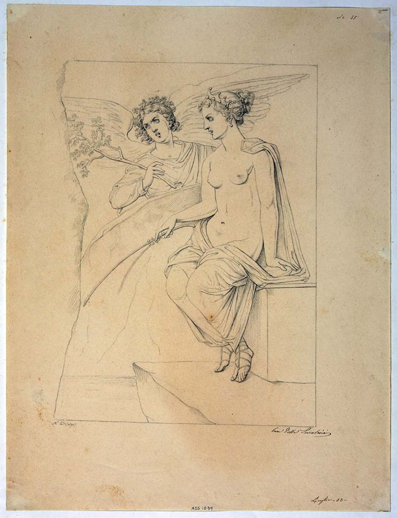 IX.3.5 Pompeii. Room 5, centre panel in north wall. Drawing by Nicola La Volpe, July 1853, of the fragment of the wall painting of Venus Pescatrice.
Now in Naples Archaeological Museum. Inventory number ADS 1039.
Photo © ICCD. http://www.catalogo.beniculturali.it
Utilizzabili alle condizioni della licenza Attribuzione - Non commerciale - Condividi allo stesso modo 2.5 Italia (CC BY-NC-SA 2.5 IT)