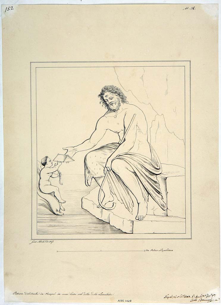 IX.3.5 Pompeii. Room 5, centre panel on east wall. Drawing by Giuseppe Abbate, 1847, of painting of Polyphemus receiving Galatea’s letter from a cupid.
Now in Naples Archaeological Museum. Inventory number ADS 1028.
Photo © ICCD. http://www.catalogo.beniculturali.it
Utilizzabili alle condizioni della licenza Attribuzione - Non commerciale - Condividi allo stesso modo 2.5 Italia (CC BY-NC-SA 2.5 IT)