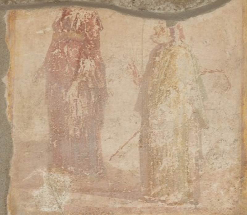IX.3.5 Pompeii. March 2009. Room 6, north wall of ala. Remains of wall painting of theatrical scene? See Helbig, W., 1868. Wandgemälde der vom Vesuv verschütteten Städte Campaniens. Leipzig: Breitkopf und Härtel. 1474.