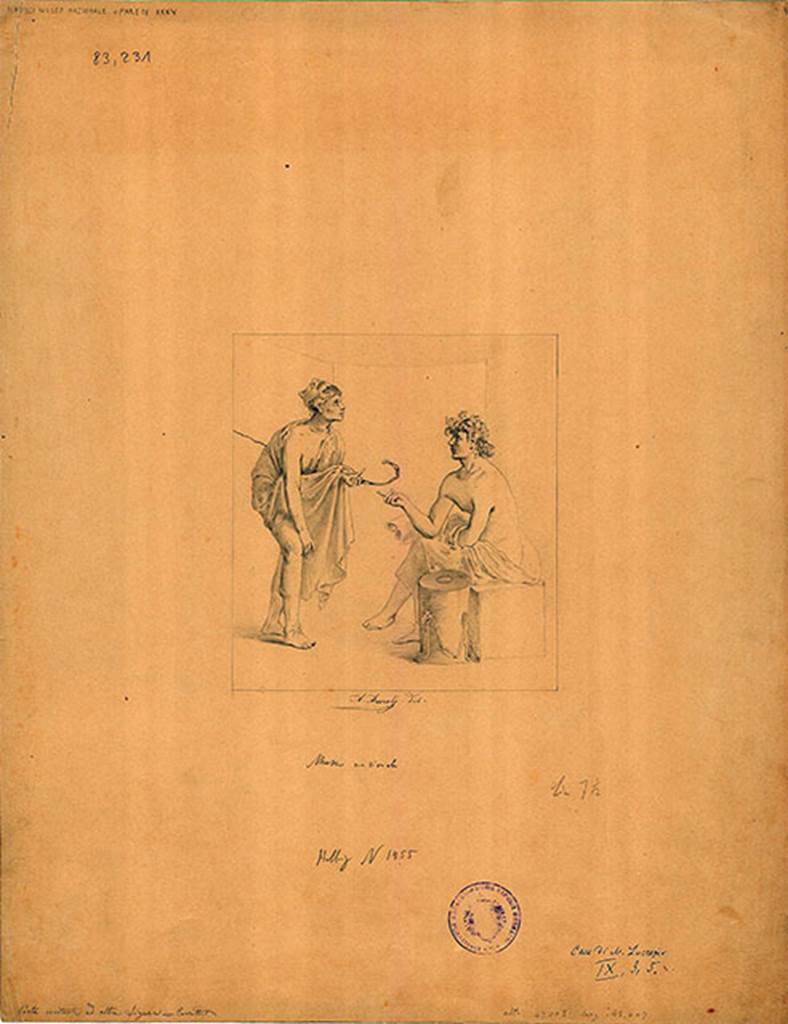 IX.3.5 Pompeii. Room 13. West wall, centre panel. 
Old copy by A. Aureli of painting of seated poet with a comic actor.
See Helbig, W., 1868. Wandgemälde der vom Vesuv verschütteten Städte Campaniens. Leipzig: Breitkopf und Härtel, (1455).
A very similar drawing by Gregorio Mariani, 1871, can be seen in our VI.17.00 found under the Irace property of Insula Occidentalis.
See Helbig, W., 1868. Wandgemälde der vom Vesuv verschütteten Städte Campaniens. Leipzig: Breitkopf und Härtel, (1456).
DAIR 83.231. Photo © Deutsches Archäologisches Institut, Abteilung Rom, Arkiv. 

