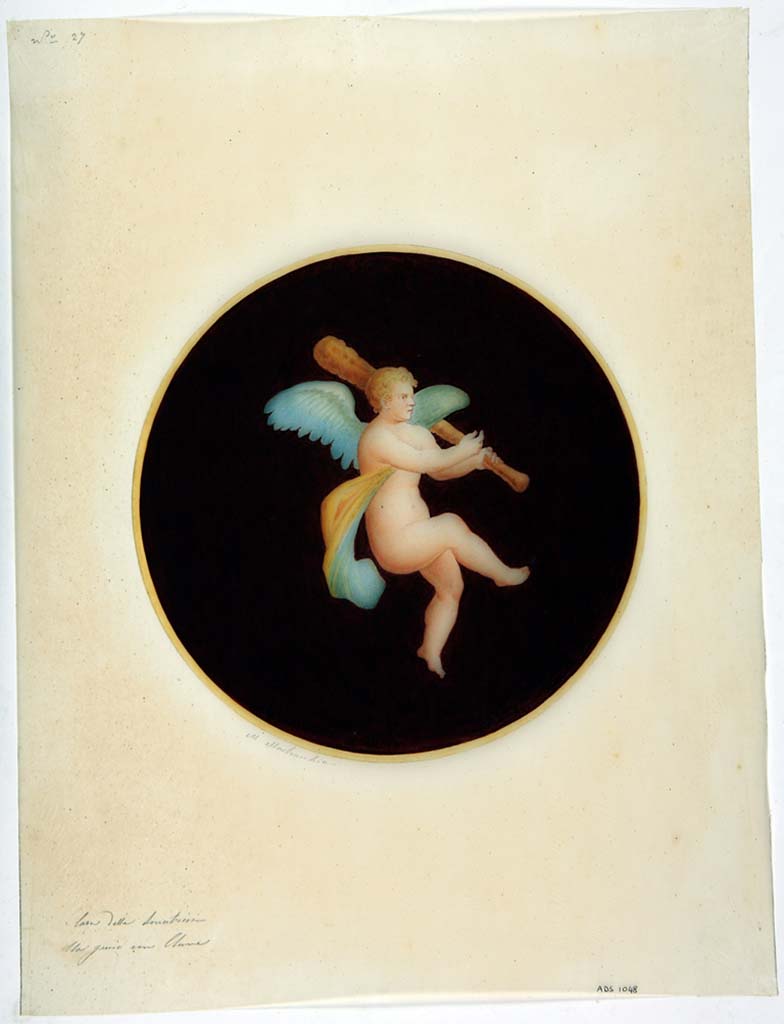 IX.3.5 Pompeii. Painting by Michele Mastracchio, of painted medallion of a Cupid with a club, seen on the west wall at the south end. 
Now in Naples Archaeological Museum. Inventory number ADS 1048.
Photo © ICCD. http://www.catalogo.beniculturali.it
Utilizzabili alle condizioni della licenza Attribuzione - Non commerciale - Condividi allo stesso modo 2.5 Italia (CC BY-NC-SA 2.5 IT)
The original painted medallion was detached and taken to Naples Archaeological Museum, inventory number 9341. 
See Helbig, W., 1868. Wandgemälde der vom Vesuv verschütteten Städte Campaniens. Leipzig: Breitkopf und Härtel, (647).
