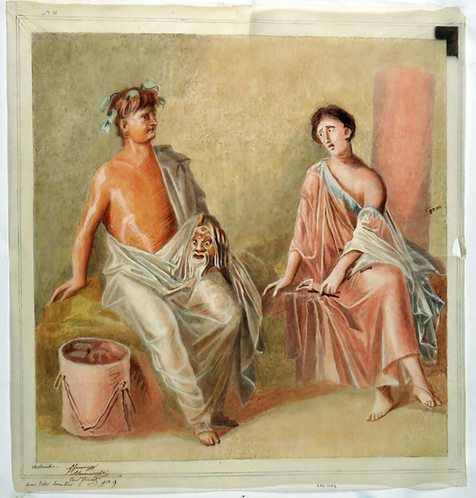 IX.3.5 Pompeii. Room 13, south wall. Copy by Michele Mastracchio of the painting of a comic poet and a female figure. 
Now in Naples Archaeological Museum. Inventory number ADS 1002.
Photo © ICCD. http://www.catalogo.beniculturali.it
Utilizzabili alle condizioni della licenza Attribuzione - Non commerciale - Condividi allo stesso modo 2.5 Italia (CC BY-NC-SA 2.5 IT)
