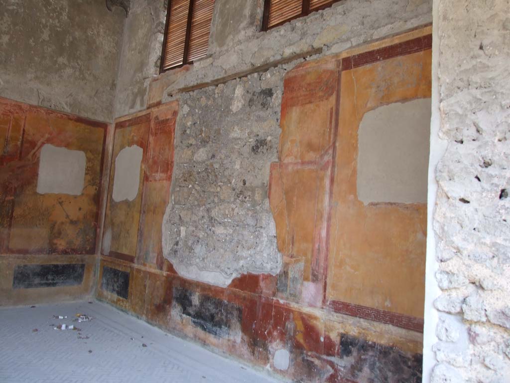IX.3.5 Pompeii. March 2009. Room 14, south wall, in the centre was a painting of the Triumph of Bacchus.
Now in Naples Archaeological Museum, inventory number 9285.
According to Breton, it showed the child Bacchus accompanied by an old Silenus, mounted on a chariot drawn by oxen and followed by Bacchantes, and by another Satyr playing the double flute.
See Breton, Ernest. 1870. Pompeia, Guide de visite a Pompei, 3rd ed. Paris, Guerin.
See Helbig, W., 1868. Wandgemälde der vom Vesuv verschütteten Städte Campaniens. Leipzig: Breitkopf und Härtel. (379)