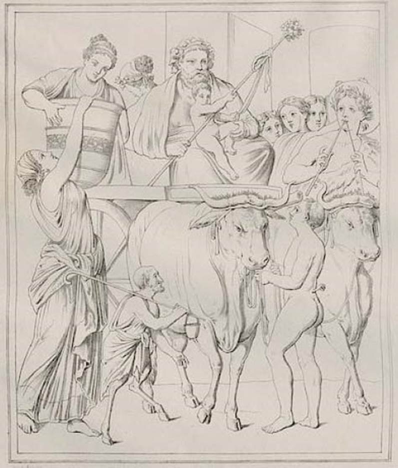 IX.3.5 Pompeii. Room 14, 1852 drawing of the Triumph of Bacchus from the centre of the south wall.
See Zahn, W., 1852. Die schönsten Ornamente und merkwürdigsten Gemälde aus Pompeji, Herkulanum und Stabiae: III. Berlin: Reimer. Tav. 83.