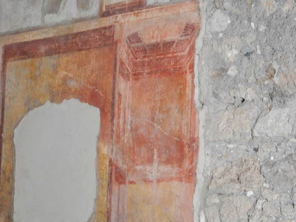 IX.3.5 Pompeii. May 2015. Room 14, detail of painted decoration on south wall at east end of central painting. Photo courtesy of Buzz Ferebee.