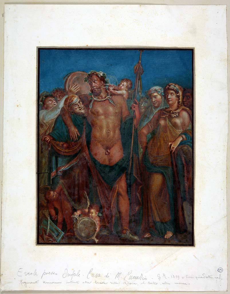 IX.3.5 Pompeii. Painting attributed to Michele Mastracchio, but not signed, a copy of the painting of Hercules and Omphale from the centre panel of east wall of triclinium.
Now in Naples Archaeological Museum. Inventory number ADS 1061.
Photo © ICCD. http://www.catalogo.beniculturali.it
Utilizzabili alle condizioni della licenza Attribuzione - Non commerciale - Condividi allo stesso modo 2.5 Italia (CC BY-NC-SA 2.5 IT)
See Helbig, W., 1868. Wandgemälde der vom Vesuv verschütteten Städte Campaniens. Leipzig: Breitkopf und Härtel, (1140).
