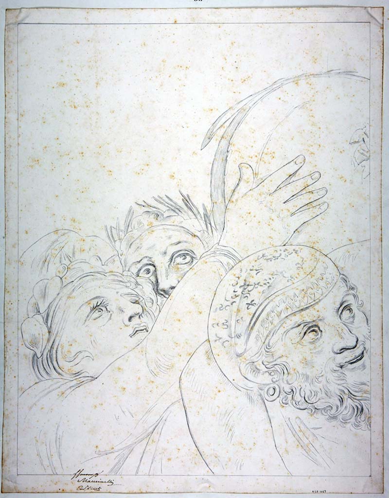 IX.3.5 Pompeii. Drawing by Michele Mastracchio, of detail from painting of Hercules and Omphale.
Now in Naples Archaeological Museum. Inventory number ADS 1063.
Photo © ICCD. http://www.catalogo.beniculturali.it
Utilizzabili alle condizioni della licenza Attribuzione - Non commerciale - Condividi allo stesso modo 2.5 Italia (CC BY-NC-SA 2.5 IT)