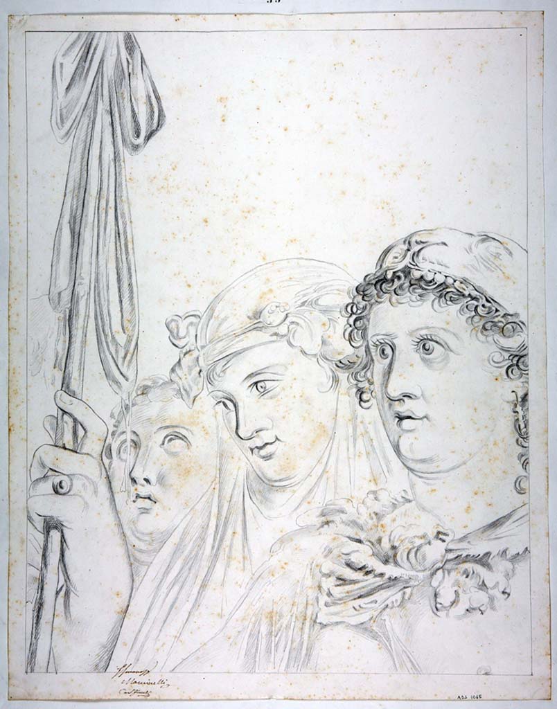 IX.3.5 Pompeii. Drawing by Michele Mastracchio, of detail of Omphale, from original painting on east wall of triclinium.
Now in Naples Archaeological Museum. Inventory number ADS 1065.
Photo © ICCD. http://www.catalogo.beniculturali.it
Utilizzabili alle condizioni della licenza Attribuzione - Non commerciale - Condividi allo stesso modo 2.5 Italia (CC BY-NC-SA 2.5 IT)