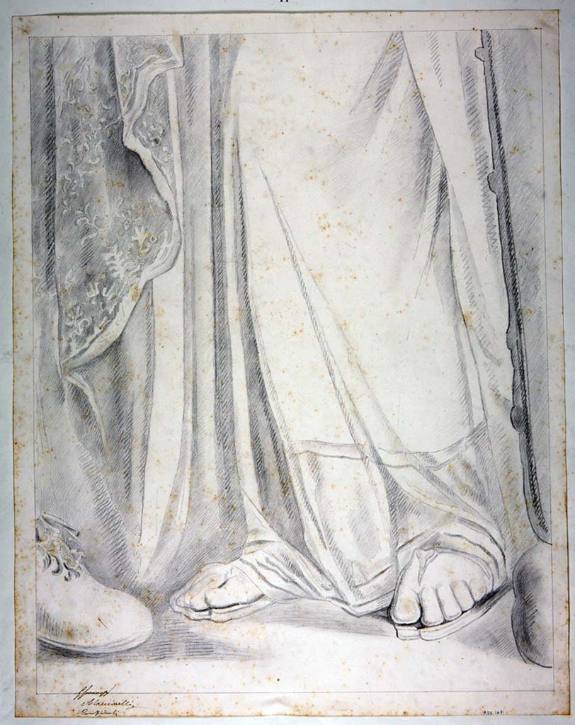 IX.3.5 Pompeii. Drawing by Michele Mastracchio, of detail of the feet and sandals of Omphale, from original painting on east wall of triclinium.
Now in Naples Archaeological Museum. Inventory number ADS 1071.
Photo © ICCD. http://www.catalogo.beniculturali.it
Utilizzabili alle condizioni della licenza Attribuzione - Non commerciale - Condividi allo stesso modo 2.5 Italia (CC BY-NC-SA 2.5 IT)
