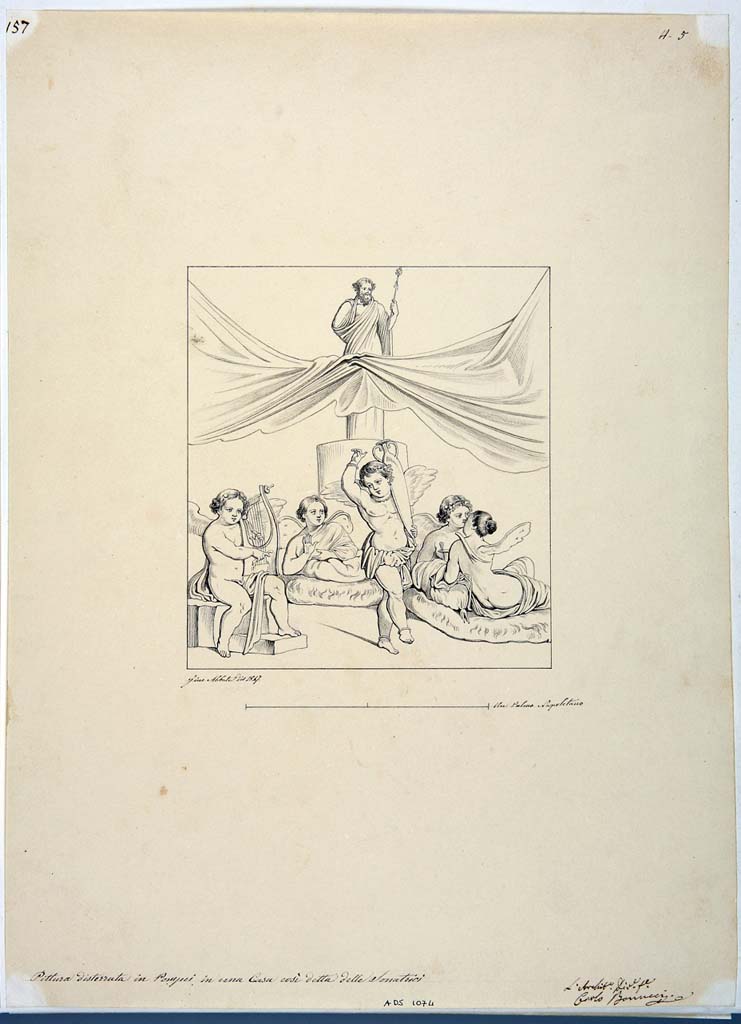 IX.3.5 Pompeii. Triclinium 14, drawing by Giuseppe Abbate, 1847, of Cupids and Psyches dancing and eating beneath a statue of Dionysus.
Now in Naples Archaeological Museum. Inventory number ADS 1074.
Photo © ICCD. http://www.catalogo.beniculturali.it
Utilizzabili alle condizioni della licenza Attribuzione - Non commerciale - Condividi allo stesso modo 2.5 Italia (CC BY-NC-SA 2.5 IT)