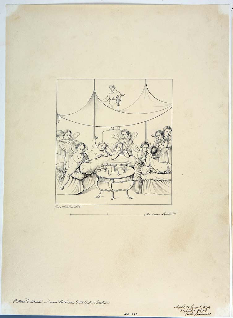 IX.3.5 Pompeii. Room 14, triclinium. Drawing by Giuseppe Abbate, 1848, of Cupids banqueting beneath a statue of Dionysus.
Now in Naples Archaeological Museum. Inventory number ADS 1073.
Photo © ICCD. http://www.catalogo.beniculturali.it
Utilizzabili alle condizioni della licenza Attribuzione - Non commerciale - Condividi allo stesso modo 2.5 Italia (CC BY-NC-SA 2.5 IT)