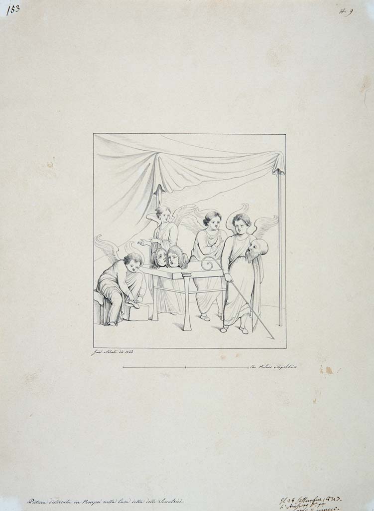 IX.3.5 Pompeii. Triclinium 14, drawing by Giuseppe Abbate, 1847, of Cupids with tragic masks.
Now in Naples Archaeological Museum. Inventory number ADS 1081.
Photo © ICCD. https://www.catalogo.beniculturali.it
Utilizzabili alle condizioni della licenza Attribuzione - Non commerciale - Condividi allo stesso modo 2.5 Italia (CC BY-NC-SA 2.5 IT)
See also
Real Museo Borbonico, vol. 15, 1856, tav. XIX.