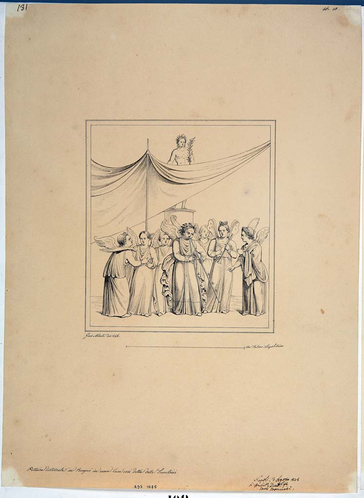 IX.3.5 Pompeii. Triclinium 14. Drawing by Giuseppe Abbate, 1848, of Cupids preparing for a tragic performance.
Now in Naples Archaeological Museum. Inventory number ADS 1075.
Photo © ICCD. http://www.catalogo.beniculturali.it
Utilizzabili alle condizioni della licenza Attribuzione - Non commerciale - Condividi allo stesso modo 2.5 Italia (CC BY-NC-SA 2.5 IT)