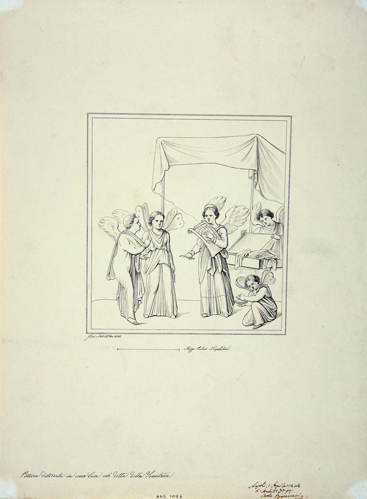 IX.3.5 Pompeii. Triclinium 14. Drawing by Giuseppe Abbate, 1848, of Cupids and Psyches and a Psyche playing the lyre.
Now in Naples Archaeological Museum. Inventory number ADS 1076.
Photo © ICCD. http://www.catalogo.beniculturali.it
Utilizzabili alle condizioni della licenza Attribuzione - Non commerciale - Condividi allo stesso modo 2.5 Italia (CC BY-NC-SA 2.5 IT)