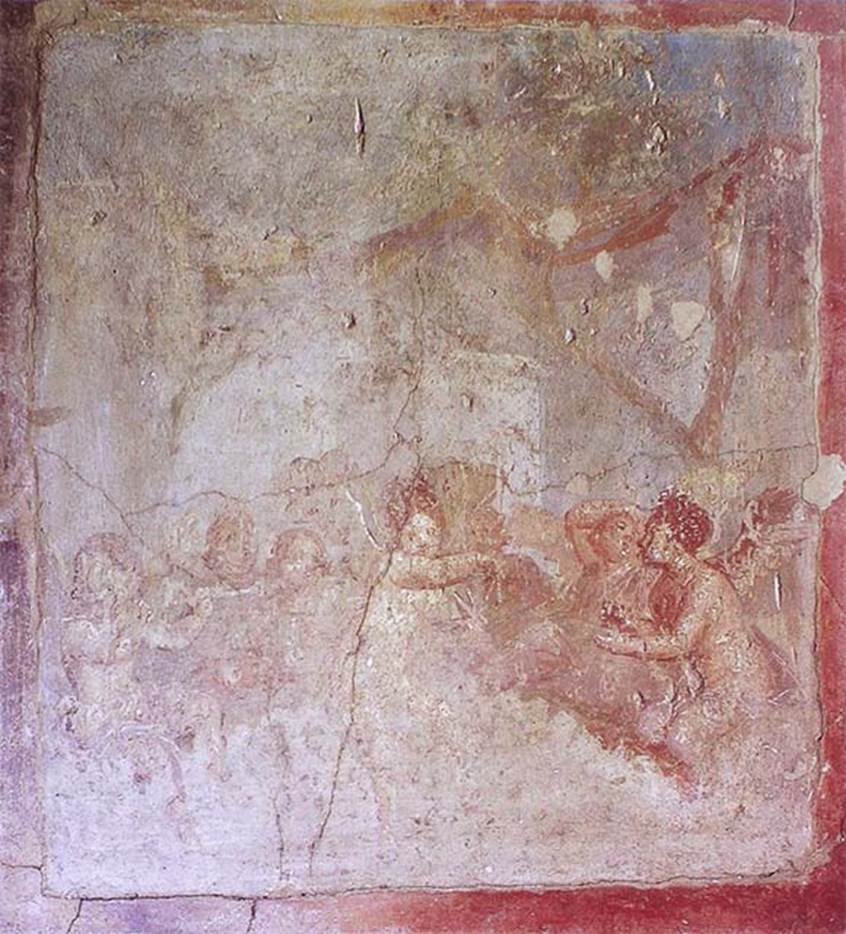IX.3.5 Pompeii. Triclinium 14, north wall. Banquet with dancing Psyche.
Now in Naples Archaeological Museum. Inventory number 9208.
See Carratelli, G. P., 1990-2003. Pompei: Pitture e Mosaici. Roma: Istituto della enciclopedia italiana, Vol. IX, fig. 169, p. 255.
Helbig describes a dancing Psyche in the centre.
See Helbig, W., 1868. Wandgemälde der vom Vesuv verschütteten Städte Campaniens. Leipzig: Breitkopf und Härtel, 760.