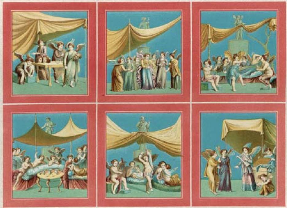 IX.3.5 Pompeii. Room 14, 1852 paintings of Psyche and cupids from the side panels on the walls of triclinium.
See Niccolini F, 1854. Le case ed i monumenti di Pompei: Volume Primo. Napoli. 2, Tav 9.
These are now in Naples Archaeological Museum.
According to Schefold these are
Top row, left to right:
Tragic cupids, inventory number 9191, Helbig 768.
Dramatic cupids, inventory number 9193, Helbig 767.
Banquet with dancing Psyche, inventory number 9208, Helbig 760.
Lower row, left to right:
Banquet with table, inventory number 9255, Helbig 757.
Banquet with dancing cupid, inventory number 9207, Helbig 759.
Lyrical choir practicing, inventory number 9206, Helbig 766.
See Schefold, K., 1957. Die Wände Pompejis. Berlin: De Gruyter. p. 249.
Helbig describes
757: Three-sided drink laden table
759: Dancing Eros in centre.
760: Dancing Psyche in centre.
766: Psyche standing with a cithara in her left hand and a plectrum in her right. Opposite her stands an Eros, wrapped in a yellow cloak, which seems to be a salutation to her. Next to him is a psyche in a long violet chiton, holding an obscure object in her left hand, perhaps a crotalum (castanet), with four butterfly-wings on her back. Right kneels another psyche. In the background, a blue dressed psyche opens a box in which blue garments lie.
767: in centre an Eros in long blue chiton with long sleeved yellow undergarment und playing through a leather strap two long pipes. Next to him a psyche with four butterfly wings long chiton with arms flute in left the right uplifted, carefully listening to her playing.
768 Table with two tragic masks left sits an Eros doing up his shoe: right near the table stands another with yellow robe a pedum in the right a bearded mask in the left.
See Helbig, W., 1868. Wandgemälde der vom Vesuv verschütteten Städte Campaniens. Leipzig: Breitkopf und Härtel.