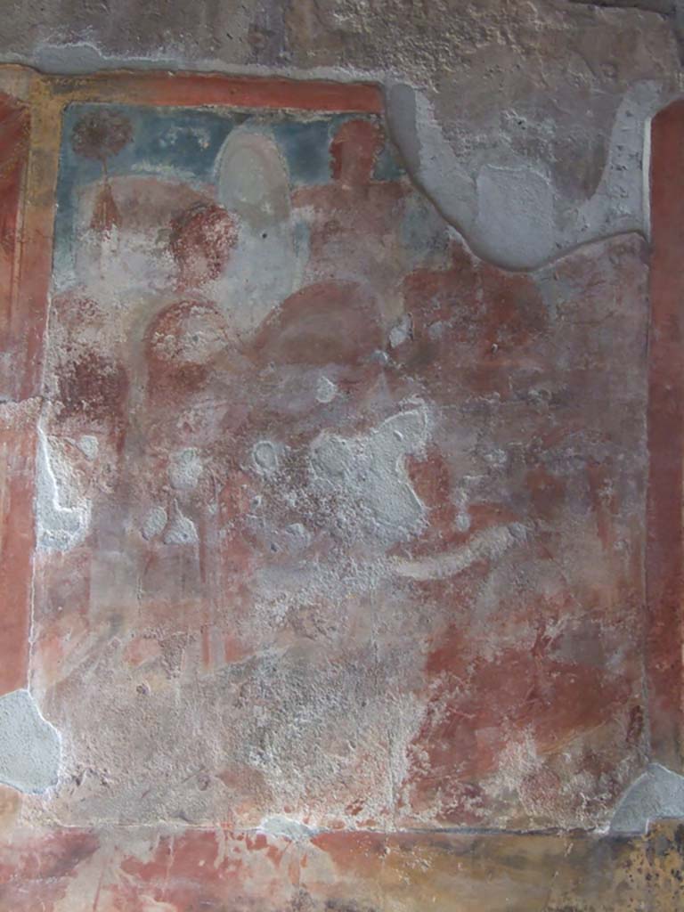 IX.3.5 Pompeii. March 2009. Room 14, centre panel of north wall.
Remains of painting of Bacchus, winner of India erecting a trophaeon.