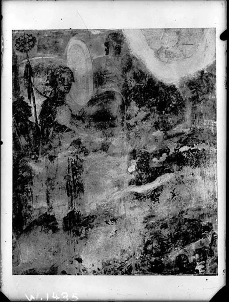 IX.3.5 Pompeii. W.1435. Room 14, centre panel of north wall.
Remains of painting of Bacchus, winner of India erecting a trophaeon.
Photo by Tatiana Warscher. Photo © Deutsches Archäologisches Institut, Abteilung Rom, Arkiv.