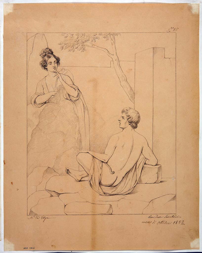 IX.3.5 Pompeii. Room 15, centre of east wall. Drawing by Nicola La Volpe, October 1852, of the painting of Polyphemus and Galatea.
Now in Naples Archaeological Museum. Inventory number ADS 1026.
Photo © ICCD. http://www.catalogo.beniculturali.it
Utilizzabili alle condizioni della licenza Attribuzione - Non commerciale - Condividi allo stesso modo 2.5 Italia (CC BY-NC-SA 2.5 IT)
