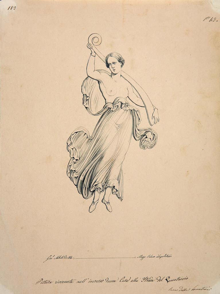 IX.3.5 Pompeii. Room 1, east end of south wall of entrance corridor. 
Drawing by Giuseppe Abbate, 1846, of painting of a flying Nike with prow on the shoulder.
Now in Naples Archaeological Museum. Inventory number ADS 1018.
Photo © ICCD. http://www.catalogo.beniculturali.it
Utilizzabili alle condizioni della licenza Attribuzione - Non commerciale - Condividi allo stesso modo 2.5 Italia (CC BY-NC-SA 2.5 IT)
See Helbig, W., 1868. Wandgemälde der vom Vesuv verschütteten Städte Campaniens. Leipzig: Breitkopf und Härtel, (1945).
