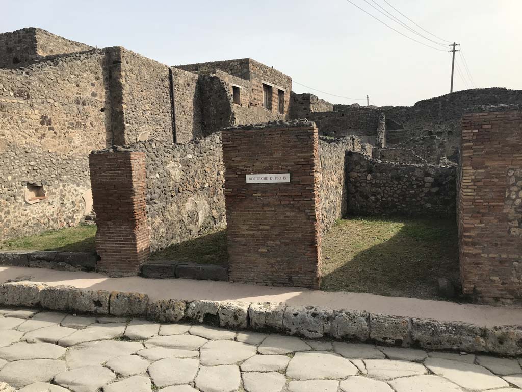 IX.3.7, IX.3.8, and IX.3.9, Pompeii. April 2019. Doorways on east side of Via Stabiana.
Photo courtesy of Rick Bauer.
According to Eschebach, IX.3.6-9 were used as a show excavation in the presence of Pope Pius IX, on 22nd October 1849.
See Eschebach, L., 1993. Geb�udeverzeichnis und Stadtplan der antiken Stadt Pompeji. K�ln: B�hlau. (p.414).
