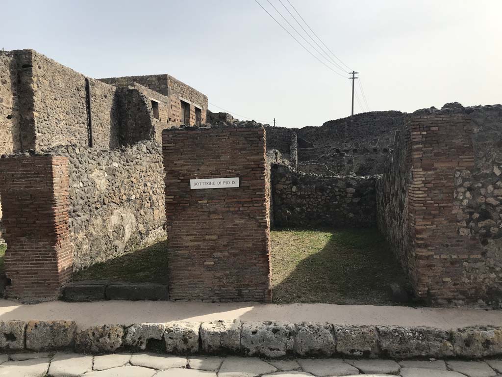 IX.3.9, on right. Pompeii. April 2019. Entrance doorway on east side of Via Stabiana.
According to Eschebach, IX.3.6-9 were used as a show excavation in the presence of Pope Pius IX, on 22nd October 1849.
See Eschebach, L., 1993. Geb�udeverzeichnis und Stadtplan der antiken Stadt Pompeji. K�ln: B�hlau. (p.414).

