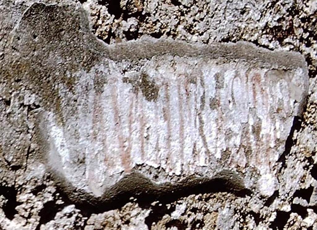 IX.3.20 Pompeii. 1964. Red painted inscription on exterior wall to north of entrance doorway. Detail from photo by Stanley A. Jashemski.
Source: The Wilhelmina and Stanley A. Jashemski archive in the University of Maryland Library, Special Collections (See collection page) and made available under the Creative Commons Attribution-Non Commercial License v.4. See Licence and use details.
J64f1607