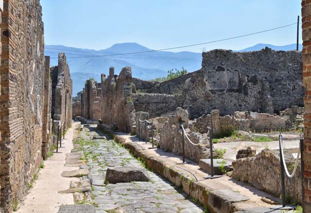 IX.3.21 and IX.3.22, Pompeii, on right. April 2018. Looking south along Vicolo di Tesmo. Photo courtesy of Ian Lycett-King.
Use is subject to Creative Commons Attribution-NonCommercial License v.4 International.