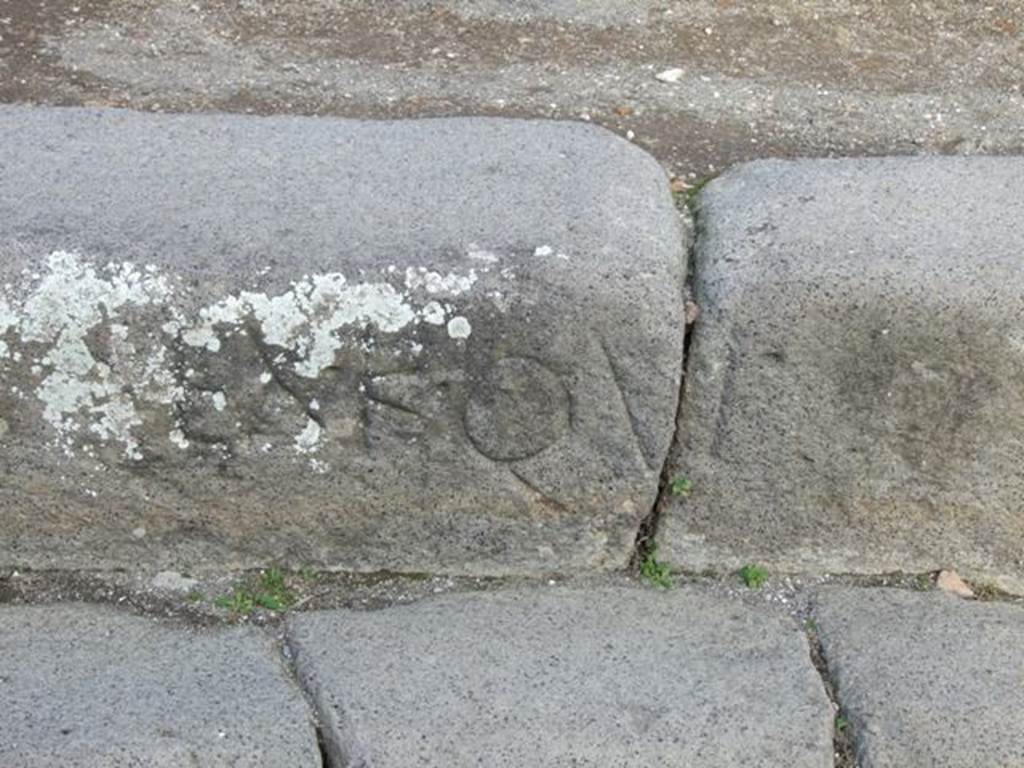EX.K.QUI cut into the edge of the pavement outside IX.4.1 Pompeii. Ex Kalendis Quictilibus which means “From the first day of July”. According to Mau this apparently relates to the laying of pavement and must go back before 44BC when the month QUINCTILUS was changed to IULIUS, our July. Pompeii was therefore paved before 44BC. See Mau, A., 1907, translated by Kelsey F. W. Pompeii: Its Life and Art. New York: Macmillan. (p.228).