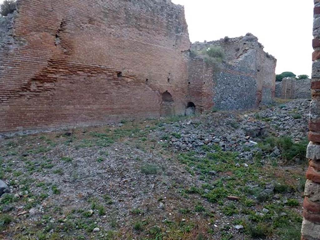 IX.4.15 Pompeii. September 2011. Looking north from entrance into area “t”. On the left is the rear wall of caldarium “s”.
The grey exterior wall of the laconicum (sweating room) “r” can be seen in the centre of the picture.
Photo courtesy of Michael Binns.