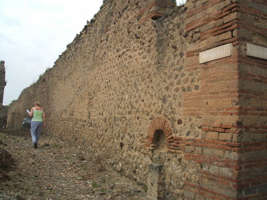 Unnamed vicolo between IX.3 and IX.4. May 2005. North side. Looking west from junction with Vicolo di Tesmo along the exterior south wall of area “t” of the baths complex.