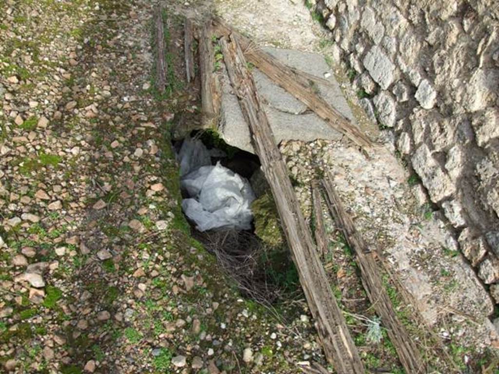 IX.5.2 Pompeii. December 2007. Room ‘L’, south end of tablinum. Cistern mouth, looking north along east wall.