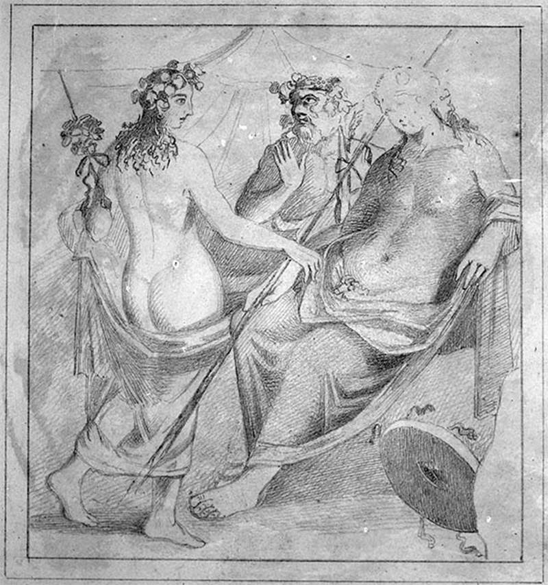 IX.5.2 Pompeii. Copy by Discanno of painting of Hermaphrodite and a maenad or possibly Ariadne and Dionysus with Silenus.
DAIR 58.1915. Photo © Deutsches Archäologisches Institut, Abteilung Rom, Arkiv.
See Sogliano, A., 1879. Le pitture murali campane scoverte negli anni 1867-79. Napoli: Giannini, (p.120, no.595).
Kuivalainen describes –
“A composition of three figures on a white background. …………..”
Kuivalainen comments –
“The indoors scene depicts a lascivious maenad and a lethargic Bacchus with a disapproving Silenus. The scene is a variation of F20 above, now with the opposite roles and an active maenad instead of a passive Ariadne.”
See Kuivalainen, I., 2021. The Portrayal of Pompeian Bacchus. Commentationes Humanarum Litterarum 140. Helsinki: Finnish Society of Sciences and Letters, (p.157, E21).