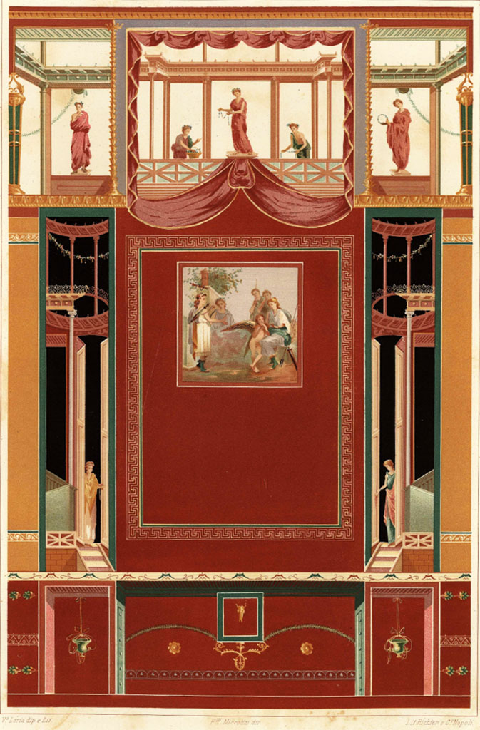 IX.5.6 Pompeii. Room i, tablinum. 19th century painting of centre of east wall.
According to Niccolini
“In questa tavola riportiamo una delle belle Pareti rinvenute negli ultimi scavi dello scorso anno.
Oltre le figurine, che l’adornano, il quadro dipinto nel mezzo sembra volere indicare Adone che parte per la caccia, lasciando Venere col suo figliuolo Amore, circondata da varie ninfe che la corteggiano.”
(In this painting, we report on one of the most beautiful walls found in the last excavations of last year.
In addition to the figures which adorn it, the painting painted in the middle seems to indicate Adonis leaving for the hunt, leaving Venus with her son Cupid, surrounded by various nymphs who court her.)
See Niccolini, F. Le Case ed i Monumenti di Pompei. 1862. Book 2, (Tav. XCII, Descrizione Generale).
According to Schefold, the wall painting in the centre of the east wall was Diana and Callisto.
See Schefold, K., 1957. Die Wande Pompejis. Berlin: De Gruyter. (p. 254).
See D’Amelio P., 1886. Dipinti Murali di Pompei. Naples : Richter, pl. XIX.