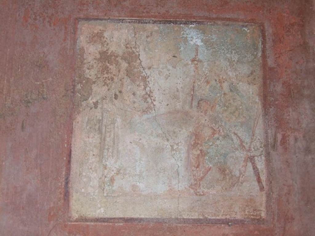 IX.5.6 Pompeii. December 2007. Room i, tablinum. Wall painting on east wall.
According to Schefold, the wall painting in the centre of the east wall was Diana and Callisto.
See Schefold, K., 1957. Die Wande Pompejis. Berlin: De Gruyter. (p. 254)
See Sogliano, A., 1879. Le pitture murali campane scoverte negli anni 1867-79. Napoli: (p.30, no.119).
See Carratelli, G. P., 1990-2003. Pompei: Pitture e Mosaici. IX. (9). Roma: Istituto della enciclopedia italiana, (fig. 77 & p.445).
According to Niccolini, the central painting would seem to indicate Adonis leaving for the hunt, leaving Venus with her son Cupid.
See Niccolini, F. Le Case ed i Monumenti di Pompei. 1862. Book 2, (Tav. XCII, Descrizione Generale).