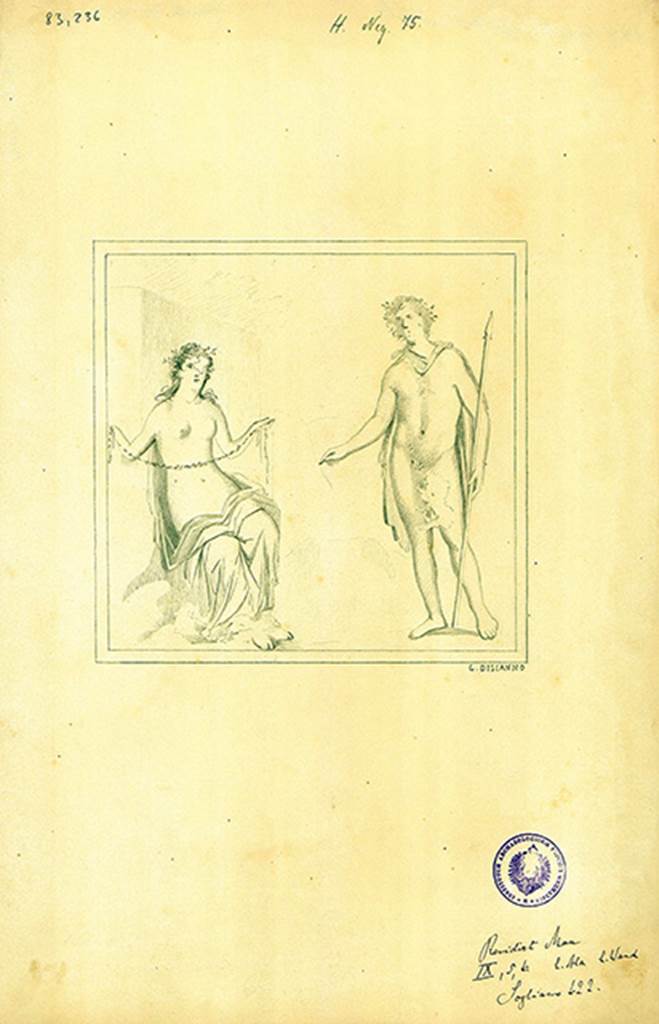 IX.5.6 Pompeii. Room 5, ala, on the south wall was a wall painting of a young girl wearing a yellow and blue robe.
She is sitting on a rock and holding a garland in her hands.
Looking towards her was a young man with a lance, wearing a red cloak.
DAIR 83.236. Photo © Deutsches Archäologisches Institut, Abteilung Rom, Arkiv.
See http://arachne.uni-koeln.de/item/marbilder/5343136