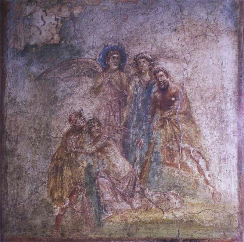 IX.5.6 Pompeii. Room 5, ala, west wall. Wall painting of Hercules and Auge.
Now in the Naples Archaeological Museum, inventory number 115397.