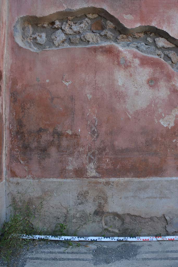 IX.5.6 Pompeii. May 2017.
West ala d, north wall at west end, painted twisted candelabra decoration separating panels.
There was another one at the east end separating the panels there.
Foto Christian Beck, ERC Grant 681269 DÉCOR.
According to PPM –
these twisted candelabra were painted across the middle zone and consisted of spirals of different colours, one blue, one green and a yellow.
See Carratelli, G. P., 1990-2003. Pompei: Pitture e Mosaici. IX. (9). Roma: Istituto della enciclopedia italiana, p. 414. Nos 21-22).
