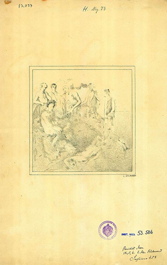 IX.5.6 Pompeii. Room e, ala, on east side of atrium, drawing by Discanno of the central painting from the east wall.
The painting was found in a bad condition but showed the divinity of light, Apollo-Sol, sitting on a rock.
According to PPM it may be the death of Orion because the spears and hunting dogs show it was a hunter.
An alternative could be the death of Adonis, but it is not possible to make any clear identification of Venus.
DAIR 83.267. Photo © Deutsches Archäologisches Institut, Abteilung Rom, Arkiv.
See Schefold, K., 1957. Die Wande Pompejis. Berlin: De Gruyter. (p.253)
See Carratelli, G. P., 1990-2003. Pompei: Pitture e Mosaici: Vol IX. Roma: Istituto della enciclopedia italiana, p. 423.
See Sogliano, A., 1879. Le pitture murali campane scoverte negli anni 1867-79. Napoli: Giannini, 458.