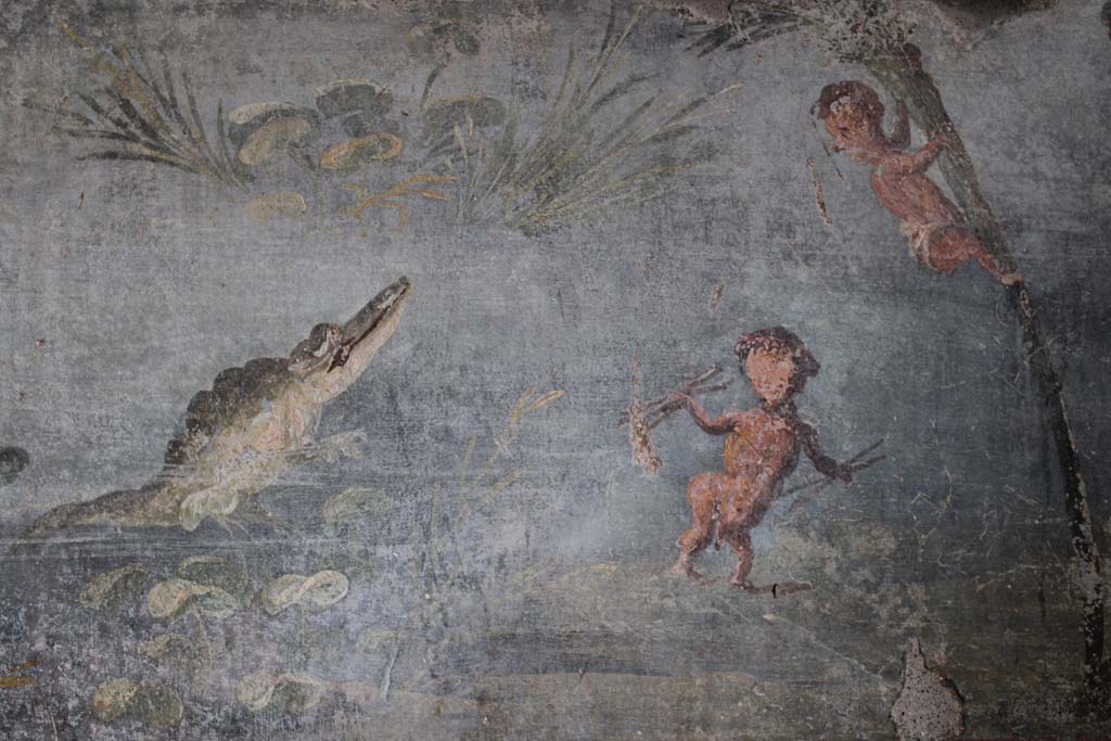 IX.5.9 Pompeii. May 2019. Room l (L), detail from a scene of crocodile with two pygmies.
Foto Christian Beck, ERC Grant 681269 DÉCOR.