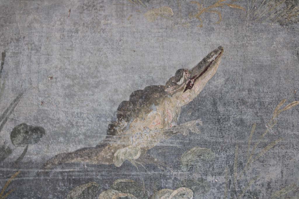 IX.5.9 Pompeii. May 2019. Room “l (L)”, detail of crocodile from east end of north wall.
Foto Christian Beck, ERC Grant 681269 DÉCOR.
