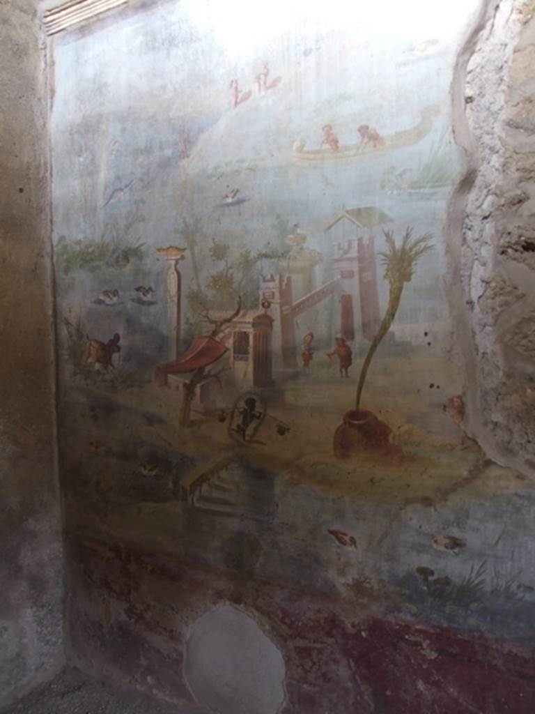 IX.5.9 Pompeii. December 2007. Room 8, north wall at west end, wall painting of pygmies and a river scene.