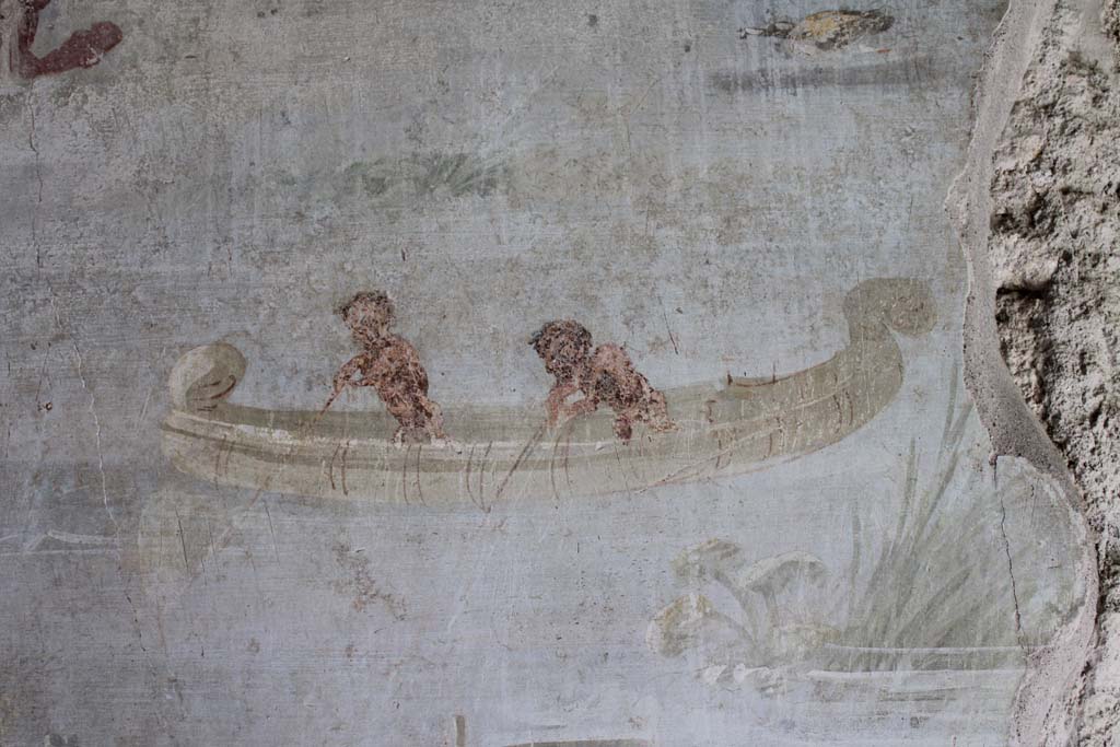 IX.5.9 Pompeii. May 2019. Room “l (L)”, two pygmies rowing a boat from upper north wall at west end.
Foto Christian Beck, ERC Grant 681269 DÉCOR.