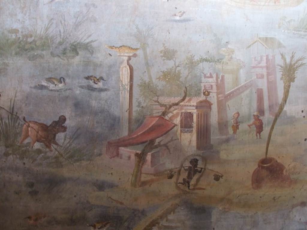 IX.5.9 Pompeii. December 2007. Room 8, wall painting of pygmies. Nile river scene with towers, temple, obelisk and hippopotamus. See Schefold, K., 1962. Vergessenes Pompeji. Bern: Francke. (Fig.147): North wall, room g.