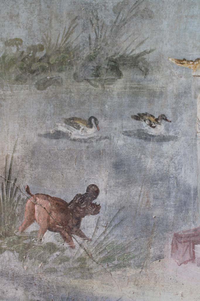 IX.5.9 Pompeii. May 2019. Room l (L), detail of hippopotamus and ducks in river on north wall.
Foto Christian Beck, ERC Grant 681269 DÉCOR.