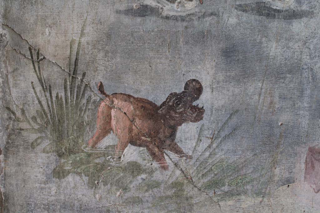 IX.5.9 Pompeii. May 2019. Room l (L), detail of hippopotamus from north wall at west end.
Foto Christian Beck, ERC Grant 681269 DÉCOR.