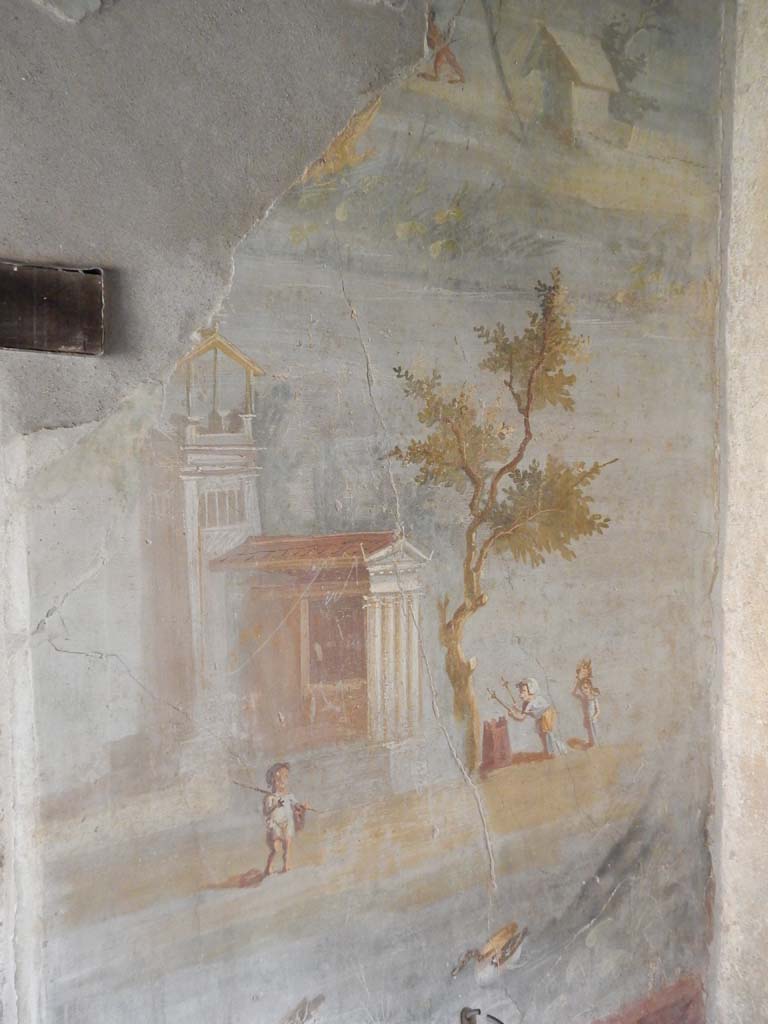IX.5.9 Pompeii. June 2019. Room 8, south wall painting of pygmies, tower and temple.
Photo courtesy of Buzz Ferebee.